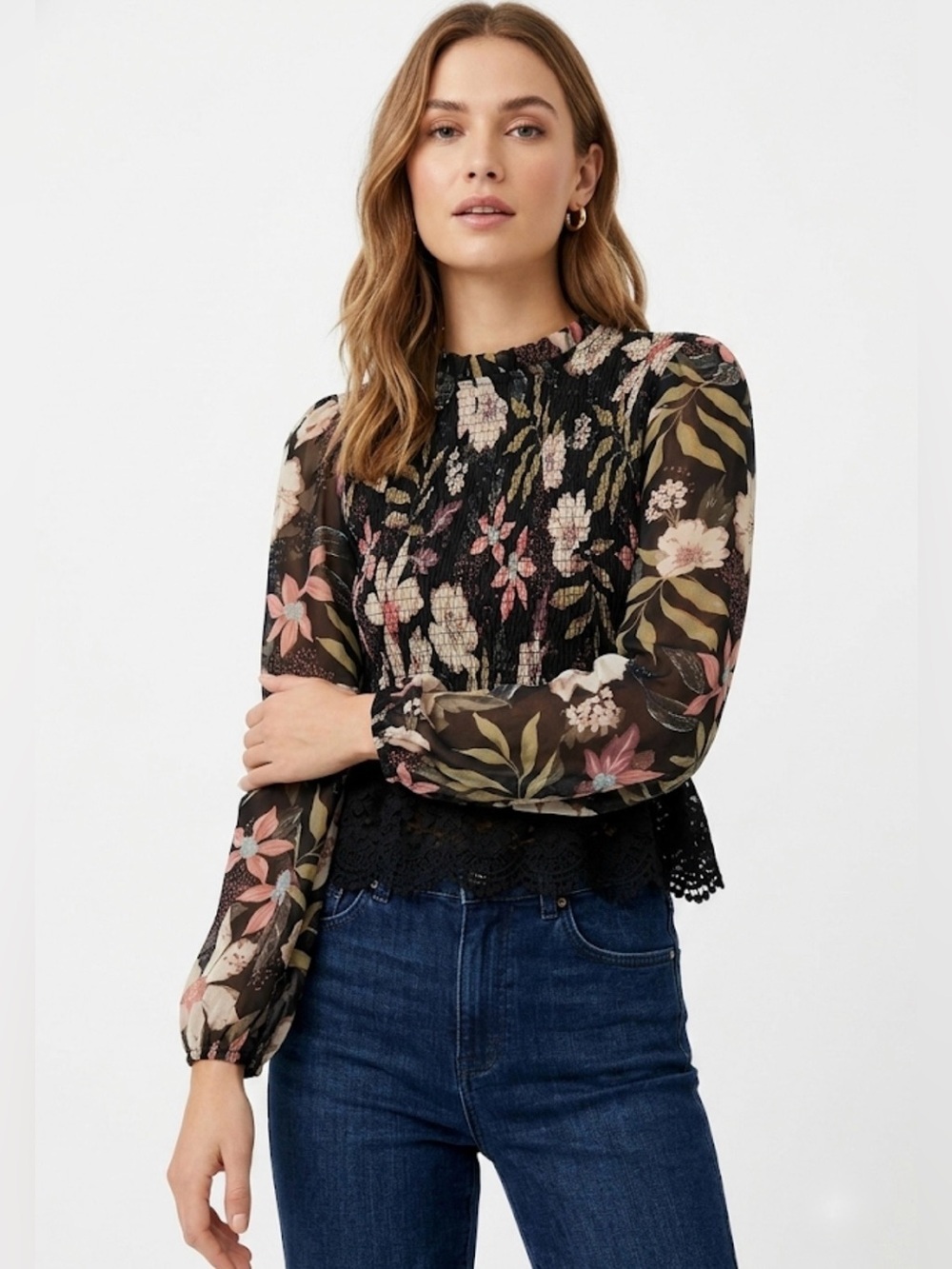 ILLA ILLA Whimsigoth Smocked Floral Blouse with Lace Trim - Medium